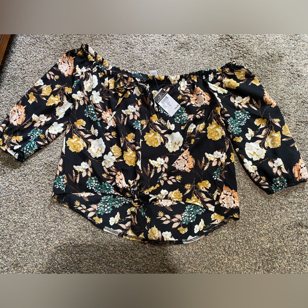 Off the shoulder black with floral design top! Rue 21 Size Large. Brand New!